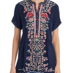 Jonny Was Embroidered Navy Floral Tunic Top - Women